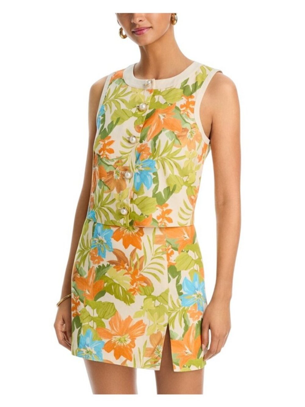 NWT Aqua Button Front Linen-Blend Floral Vest TC6802BL Brown Multi M